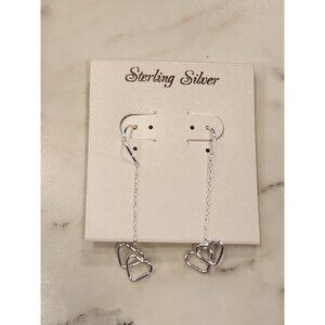 Sterling Silver Double Heart Threader Earrings With Chain Design